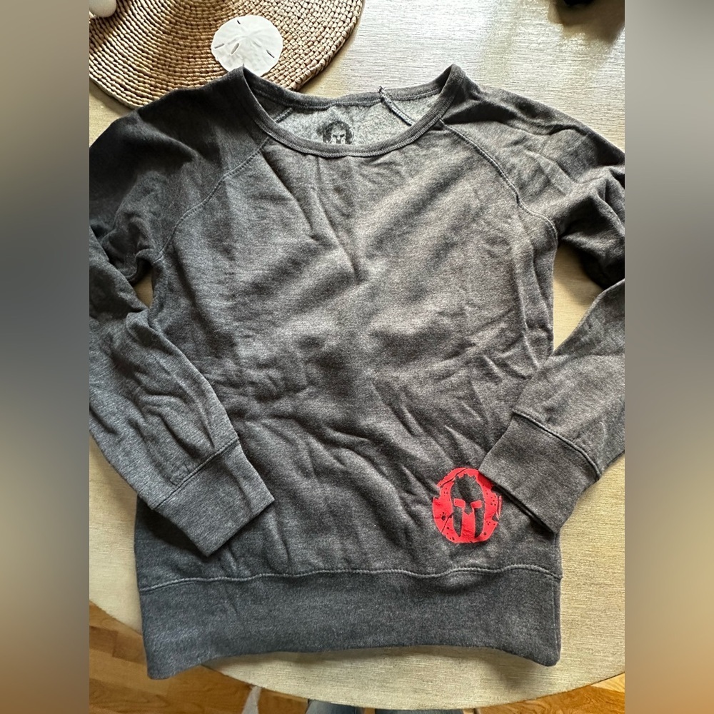 Gray Spartan Women's boatneck sweatshirt with Red Logo